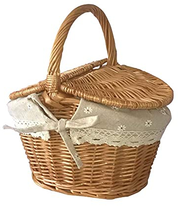 Herbests Handgemachte Weidenkorb Picknick Korb mit Deckel und Griff & Liner Geschenkkorb Wicker Camping Obstkorb Einkaufskorb Aufbewahrungskorb Rattankorb Tragekorb