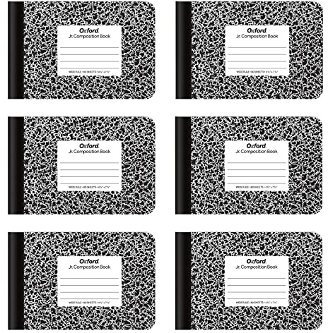Oxford Jr. Composition Notebooks, School Supplies, Notebooks for School, Half Size, 4-7/8 x 7-1/2 Inches, Wide Ruled Paper, 80 Sheets, Kids Journal, Black Marble Covers, 6 Pack (63773)