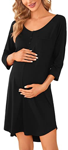 KOJOOIN Nachthemd Damen Stillnachthemd 3/4 Ärmel Geburt Nachtwäsche mit Knopfleiste für Schwangere Schwarz L