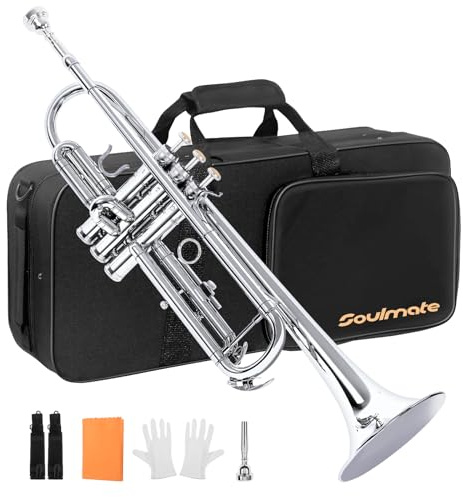 Soulmate Bb Trumpet Professional Standard Trumpet Set with Hard Carrying Case, 7C Mouthpiece, Cleaning Kit, Gloves, and Polishing Cloth (Silver)
