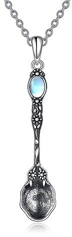 POPLYKE Collier cuillère en argent sterling mini cuillère à café pendentif collier pour femmes hommes bijoux cadeaux, Argent sterling, Pierre de lune