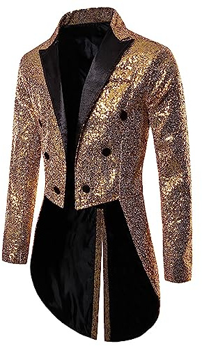 Steampunk Herren Pailletten Jacke- Gothic Frack Herren Mantel Glitzer -Punk Gehrock Herren Mittelalter Mäntel Smoking für Männer Halloween Kostüm Karneval Party Nightclub Show Cosplay Kleidung