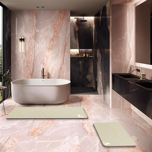 Kieselstein-Badematte für Badezimmer, schnell trocknend, Gummi, rutschfest, waschbar, Duschmatte vor der Badewanne, Duschraum, 42 x 69 + 120 x 43 cm, Beige