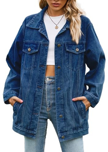 Sukany Veste en jean décontractée pour femme, surdimensionnée, boutonnée, col rabattable, manches longues, manteau mi-long, noir foncé, M