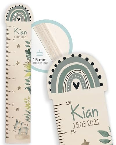 Kidsmood Messlatte für Kinder aus Holz, personalisiert mit Wunschnamen, Regenbogen Messlatte Kind Holz, individuelle Dekoration für Baby- & Kleinkinderzimmer