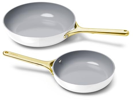 Caraway Padella Duo in ceramica antiaderente (20,3 cm e 26,7 cm), atossica, priva di PTFE e PFOA, adatta al forno e compatibile con tutti i piani cottura (gas, elettrici e a induzione), bianca