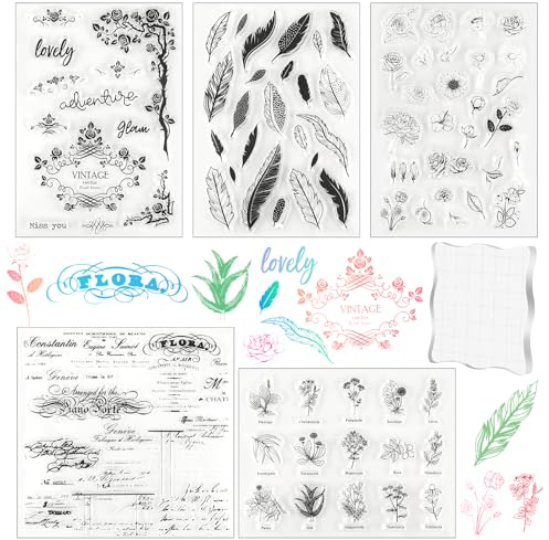 5 Stück Silikonstempel Blumen, Stempel Blumen Clear Stamp, Zeichen Blumen und Blätter Silikon Stempel mit Acrylblock, Vintage Silikon Stempel Set für DIY Journal Pflanzen Scrapbooking