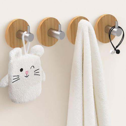 marrhorvk Holz-Klebehaken 4 Stück Silber | Selbstklebend ohne Bohren, dekorativer Handtuchhalter & Wandhaken, für Badezimmer und Küche