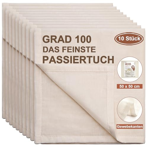 eFond 10 pièces Étamine Alimentaire, 50x50cm Tissu Ourlé Mousseline Alimentaire, Lavable Réutilisable Grade 100 Toile en Coton Pur Non Blanchi, Passoire pour Filtrer Fromage Beurre Jus Lait de Noix | Tissu finement tissé - Densité 100 - Tissu en mousseline de coton pur non blanchi avec ourlet rabattu propre - Lavable