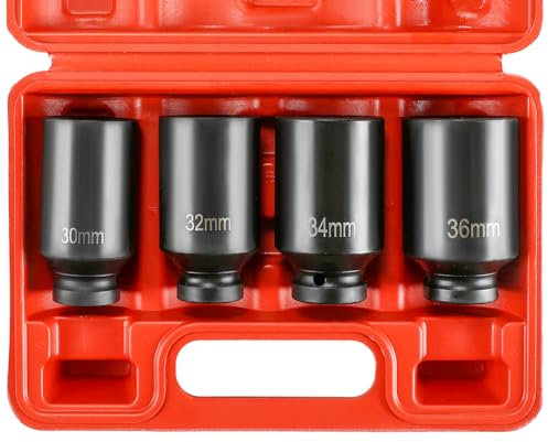 NYXOVA 1/2 Drive Deep Spindle Axle Nut Impact Socket Set, 12 Point Metric 30mm 32mm 34mm 36mm Drive Spindle Axle Hub Nut Socket Set, CR-MO, 4-Piece 1/2 Heavy Duty Impact Socket Set