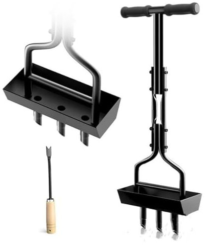 HYCHIKA Rasenlüfter Rasenbelüfter, Aerifizierer für Rasen mit Hohlspoon und Ablageschale, T-Griff Rasen Belüften, Rasen Lüften Gerät Aerifiziergabel für Rasenpflege, Rasenspecht Aerifizierer