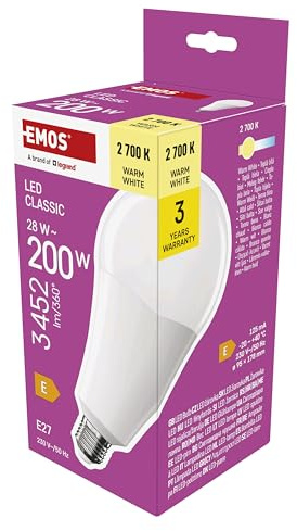 EMOS LED Lampe A95-Birne, 28W Ersatz für 200W Glühbirne, klassiche Birne in größerer Form, E27 Sockel, Helligkeit 3452 lm, Warmweiß 2700 K, 30000 h Lebensdauer, CRI min. 80, 180° Abstrahlwinkel
