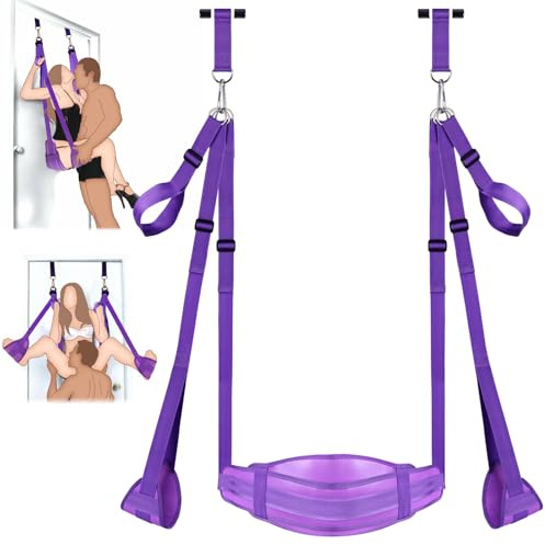 BDSM Door Sex Swing with Seat, Bondage Slave Leather Soft Plush Sex Slings with Adjustable Straps, Hanging Door Handcuffs Leg Restraints Spreader Adult Sex Toys for Couple, Holds up to 300lbs (Purple)