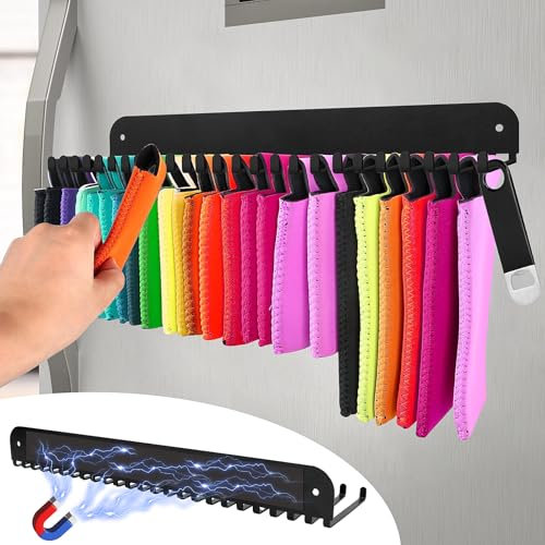 Soporte magnético para enfriar latas para refrigerador, fundas para latas de cerveza, organizador de almacenamiento y dispensador para almacenamiento con 25 ganchos, viene con abridor de botellas,