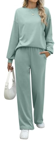 REORIA Women Cotton Lounge Wear Sets Crew Neck Tracksuit Set Two Piece Outfit Long Sleeve Top and Wide Leg Pants Co Ord Sets