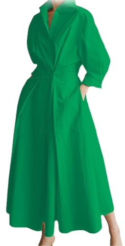 Damen-Hemdkragenkleid aus Reiner Baumwolle, Maxi-Hemdkleid aus Baumwolle mit Knopfleiste, lässiges, lockeres Midikleid mit Bindegürtel und Ärmeln, Hemdkleider mit Taschen (Grün,XXL)