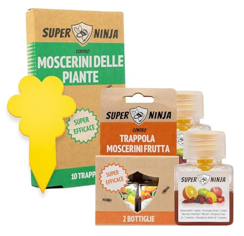 Super Ninja Trappola moscerini frutta - 10 trappole adesive per moscerini piante e 2 cattura mosche della frutta, altamente efficaci, adatta a bambini e animali domestici, fino a 3 mesi di prestazioni