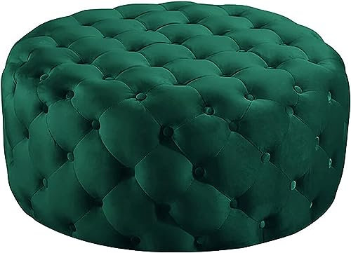Eleganter, runder getufteter Ottoman-Fußstützen-Hocker aus blauem Samt – luxuriöse Bettbank oder stilvoller Couchtisch – schickes Wohnzimmer Schlafzimmer Möbel – 60 x 60 x 40 cm