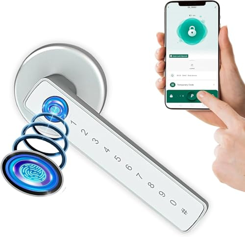 Türschloss Fingerabdruck, Smart Lock, Elektronisches Türschloss - Für Innentüren mit Einer Stärke von 35-55 mm – smartes Türschloss – Per App gesteuert – mit Rosette und 2 Magnetkarten - Silber,