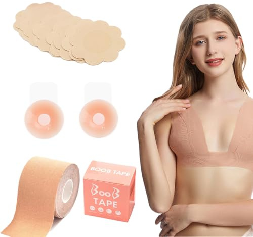 CATOR adhesivo pecho, boob tape, sujetador adhesivo, Cinta para Levantar Los Pechos Cinta Autoadhesiva Invisible para Levantar Los Pechos Pasties Sin Tirantes con 5 Pares De Cubre Pezones