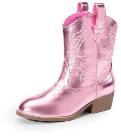 DREAM PAIRS Bottes de cowgirl pour filles, bottes de cowboy avec talon bas brodé occidental, chaussures mi-mollet tendance pour tout-petit/petit enfant/grand enfant, rose, 30 EU