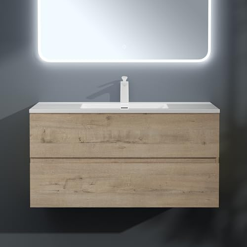 Mai & Mai Badmöbel-Set Waschtisch mit Unterschrank inkl. Soft-Close | Waschbeckenunterschrank 100x48x50cm Eiche Greige, mit Waschbecken aus Mineralguss, 2 Schubladen Aqualis