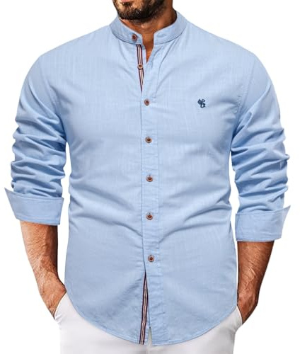 Camisa casual con botones para hombre, manga larga, ajuste sin meter, tela texturizada de mezclilla, características elásticas y sin arrugas, elegante camisa de vestir para el trabajo y el ocio, azul