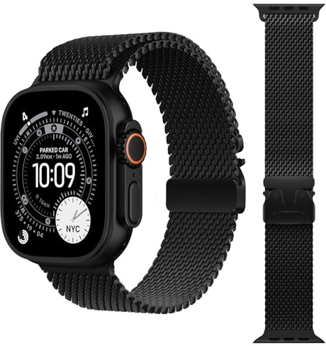 Titanium Milanese-armband, kompatibel med Apple Watch-armband Ultra 3/2/1, 49 mm, 46 mm, 45 mm, 44 mm, herr och dam, justerbar metallarmband för iWatch Series 11 10 SE 9 8 7 6 5 4, spänne, 49MM/46MM