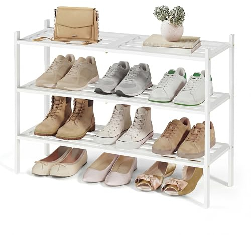 SONGMICS Zapatero de Bambú, 3 Niveles, Apilable, Estrecho, Estantería para Entrada, Salón, Dormitorio, Garaje, para 12-16 Pares de Zapatos, 25 x 70 x 51,5 cm, Blanco Nube LBS053WZ01