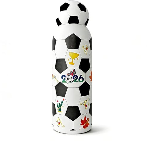Borraccia Termica Calcio 500ml, Bottiglia Acciaio Inossidabile per Bambini, Thermos Sottovuoto per Scuola e Sport, Senza BPA, a Prova di Perdite (Calcio Bianco e Nero)