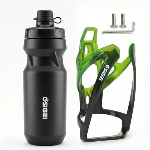 OSIGEI Fahrrad Flaschenhalter Set mit 650ml Trinkflasche – Ultra-leicht, Carbon-Optik Sportflasche, Geeignet für MTB & Rennrad – Inklusive 2 Montageschrauben & Inbusschlüssel (Schwarz Grün + Schwarz)