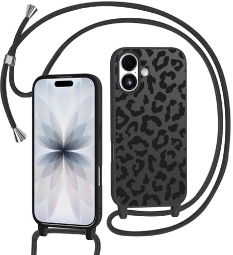 Tikgue Handyband für iPhone 17 Hülle mit Band, Aesthetic Leopard Handyhülle mit Kordel zum Umhängen Weich TPU Liquid Silikon Case Kratzfest Stoßfest Schutzhülle - Schwarz
