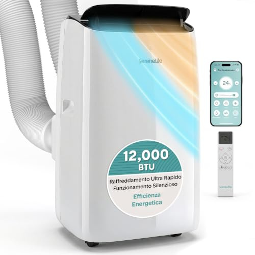 SereneLife Condizionatore Portatile 12000 BTU Inverter, Climatizzatore 4 in 1 con Wi-Fi e Controllo App, Caldo Freddo Deumidificatore Ventilatore, Monotubo con Kit Finestra, Silenzioso