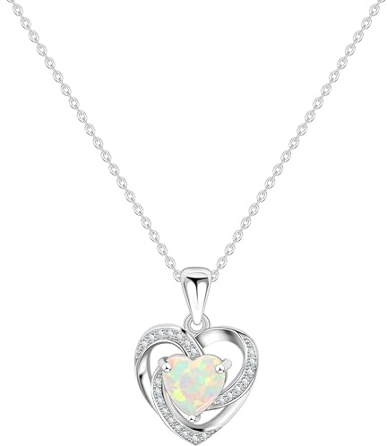 KristLand Moonlight Forever Love 925 Silver Necklace Decorated Heart White Opal Pendant Necklace for Women Girlfriend Wife Daughter Gift Box