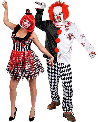 DELUXE KILLER CLOWN COUPLES HALLOWEEN COSTUME - COUPLES FANCY DRESS CLOWN COSTUMES WITH ACCESSORIES (MENS: X-LARGE + LADIES: MEDIUM)