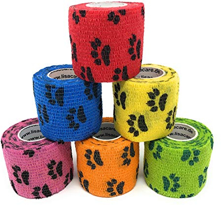 LisaCare selbstklebender Verband - 6er-Set elastische Binde - Tier Verband 5cm - Verband Hund selbstklebend medizinisch zertifiziert - buntes Pfotenset (6er-Pfotenmix)