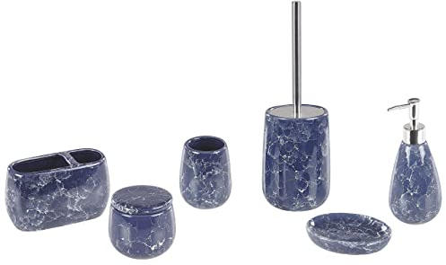6 Accessoires de Salle de Bain Porte-Brosse à Dents Distributeur Savon Boîte à Coton Porte-Savon Gobelet et Brosse Toilette en Céramique Bleue Beliani