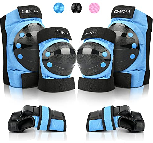 CHEPULA Schoner Inliner Kinder Erwachsene, 6 in 1 Protektoren Set, Verstellbare Knieschoner Ellenbogenschoner Handgelenkschoner, Schützer Schutzausrüstung Schonerset für Skateboard Skate, Blau, S