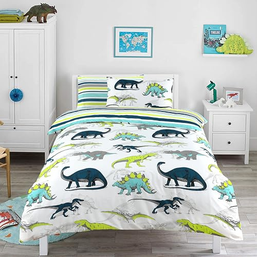 Night Comfort Cotton Blend Dinosaur Duvet Cover Reversible Stripes Bedding Set With Matching Pillow Cases - Dino Printed Design For Kids & Children (Double 200x200cm)
