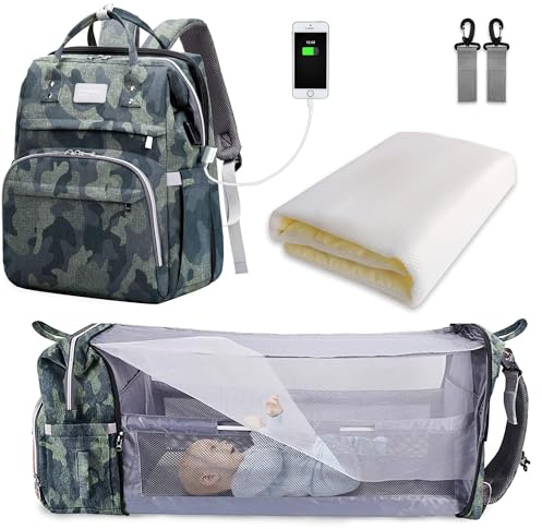 SNDMOR Baby Changing Bag Backpack, Nappy Changing Bags Large Capacity, Portable Travel Diaper Bag with Foldable Cot Bed, Baby Bed Backpack (Green Camouflage)