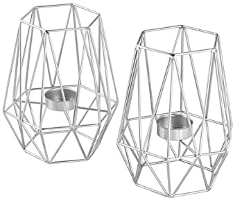 ECHTWERK 2-teiliges Teelicht Kerzenhalter Set, Silber-Edition, Geometrisches Design, Votiv Kerzenhalter für Wohnzimmer/Schlafzimmer/Esstisch, Tischdeko für Hochzeiten, 9,5 x 9,5 x 17 cm