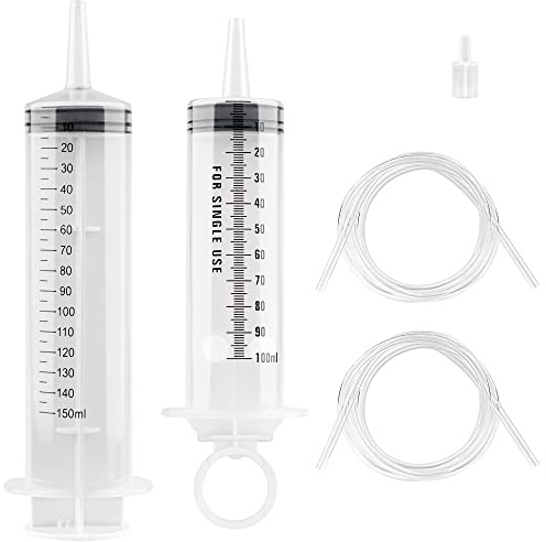100ml/150ml Syringe with 2Pcs 100cm Tube, Large Plastic Measuring Syringe for Fluid Oil Suction, Nutrient Measuring, Refilling, Watering, Pack of 2 | Large Plastic Measuring Syringe for Fluid Oil Suction, Nutrient Measuring, Refilling, Watering