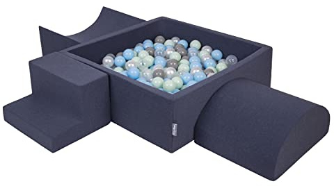KiddyMoon Spielplatz Aus Schaumstoff Mit Quadrat Bällebad (300 Bälle) Ballgruben Für Babys Spielbad Hindernisläufen, Hergestellt In Der EU, Dunkelblau:Perle/Grau/Transparent/Babyblue/Minze