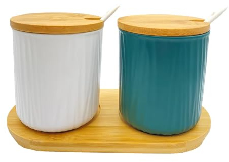 DouYuan Juego de 2 Azucarero Cerámica, Salero y Azucarero Cocina Modernos con Tapa y Cuchara, 300ml/10.15oz, para Azúcar, Sal, Té, Especias y Más