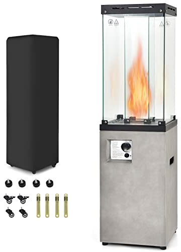 TANGZON Gas Patio Heater, Portable Propane Fireplace with Lockable Wheels and Weatherproof Cover, Outdoor Flame Fire Pit Heater for Garden, Camp, BBQ & Party, 12KW (Light Grey)