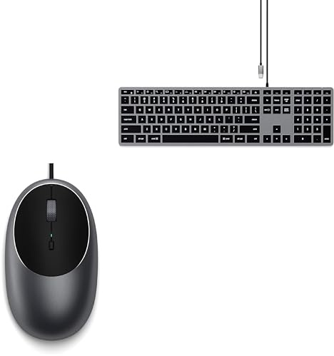 Satechi C1 Mouse USB-C Cablato in Alluminio Slim W3 Tastiera Cablata Retroilluminata USB-C con Tastierino Numerico, Layout QWERTY US, per MacBook, iMac, iPad e Windows – Grigio Siderale