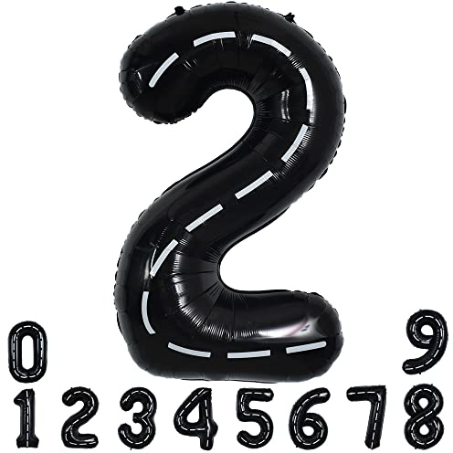 TONIFUL Race Car Black Balloons Car Birthday Party Supplies,40 Inch Giant Jumbo Helium Foil Mylar Big Number 2 Digital 2 Balloons for Boy's Birthday Party Truck Race Car Theme Party Decorations