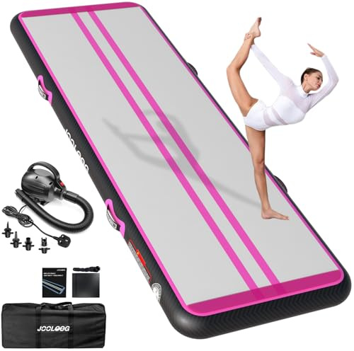 JOOLOOG Air Tumbling Matte Track 20 cm hoch 5 m Turnmatte Aufblasbare Gymnastikmatte mit Elektrischer Luftpumpe Trainingsmatte für Zuhause, Turnhalle, Garten, Yoga, Cheerleading, Fitness, Schwarz Rosa