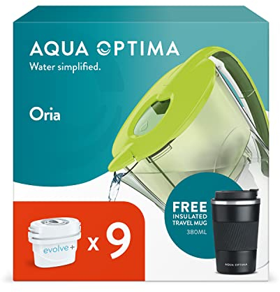 Aqua Optima Oria Water Filter Jug & 9 Evolve+ Filter Cartridges + Free 380ml Travel Mug, 2.8L, Green - Fridge & Dishwasher Friendly - Reduces Limescale, Chlorine and Other Impurities