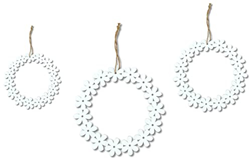 DARO DEKO Holz Blumenkranz weiß 3er Set - Ø 15, 25 und 35cm mit Kordel Holzkranz Dekohänger Tür-Kranz
